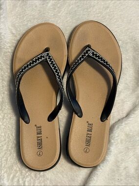 Ashley Blue Black Jeweled V-strap Sandals